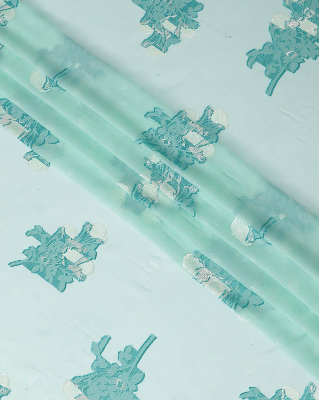 قماش شيفون حريري فرنسي (فرنساوي) فاخر باللون الأخضر الفيروزي بنفس اللون والفيسكوز البيج مع لوريكس معدني فضي بتصميم زهور -D13430