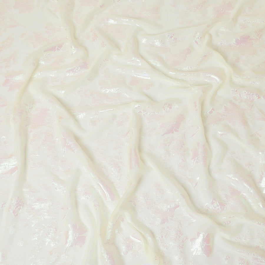 Flax yellow Premium pure silk chiffon fabric with same tone and neon green metallic lurex in floral design-D13895