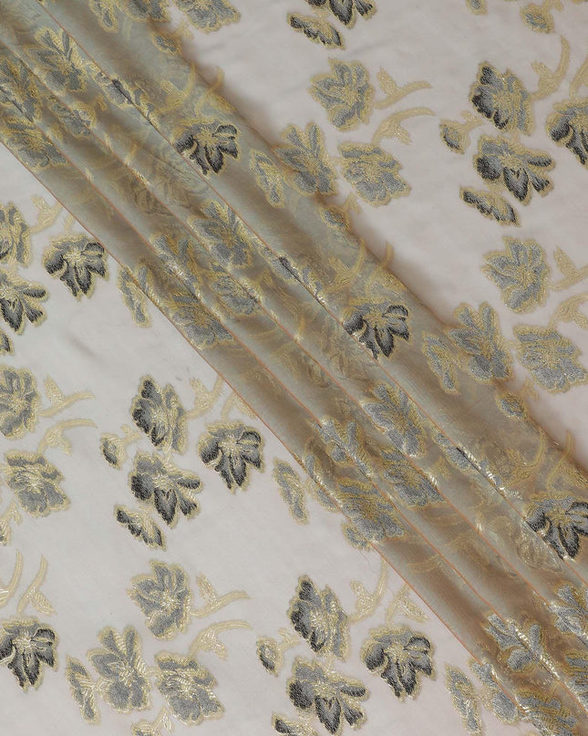 قماش شيفون حريري خالص زيتوني وبني مع فيسكوز رمادي وأسود مع لوريكس معدني ذهبي بتصميم زهور - D14128