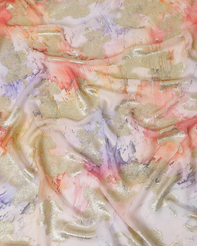 Multicolor synthetic chiffon fabric with gold metallic lurex in fancy design-D12599 Regal Fabrics