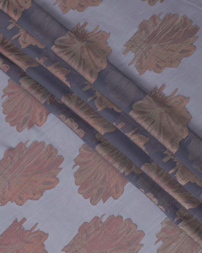 Ash grey synthetic chiffon fabric with crimson red viscose and gold metallic lurex in floral design-D11901