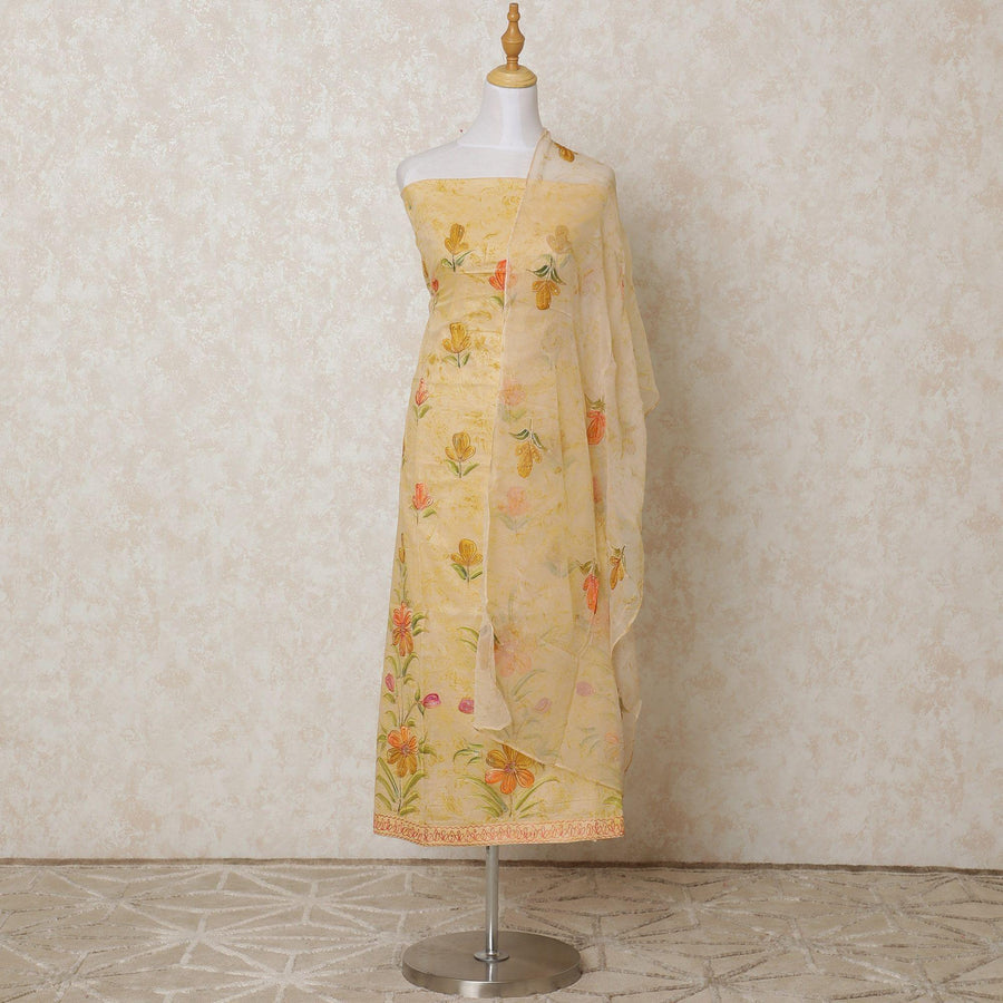 Light beige blended cotton lawn fabric with same tone embroidery having multicolor print and stone work in floral design-D12112