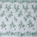 Tiffany blue nylon tulle fabric with same tone, gold embroidery having stone work in floral design-D11770