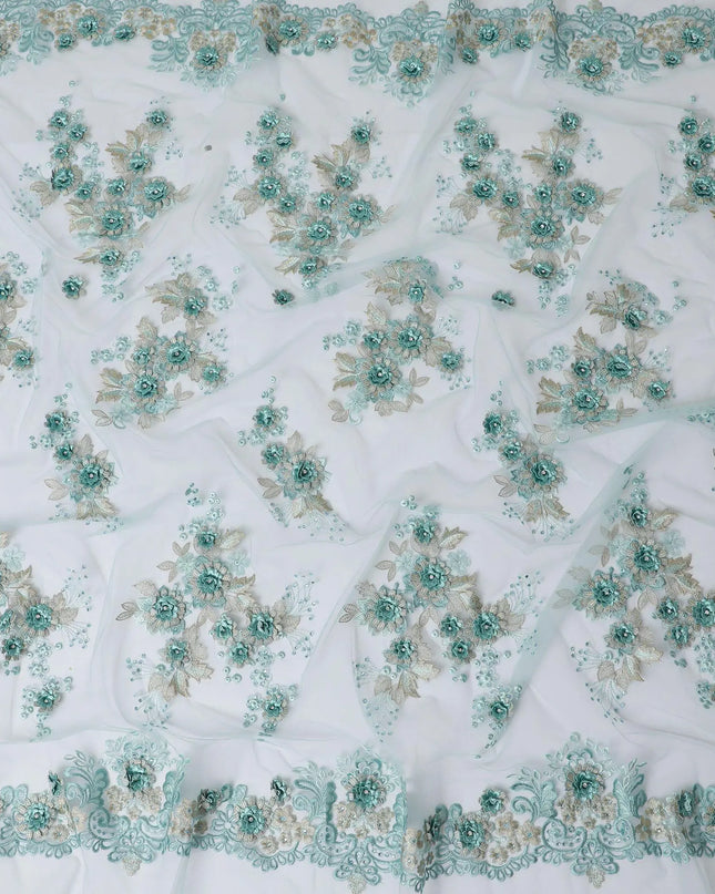 Tiffany blue nylon tulle fabric with same tone, gold embroidery having stone work in floral design-D11770 Regal Fabrics