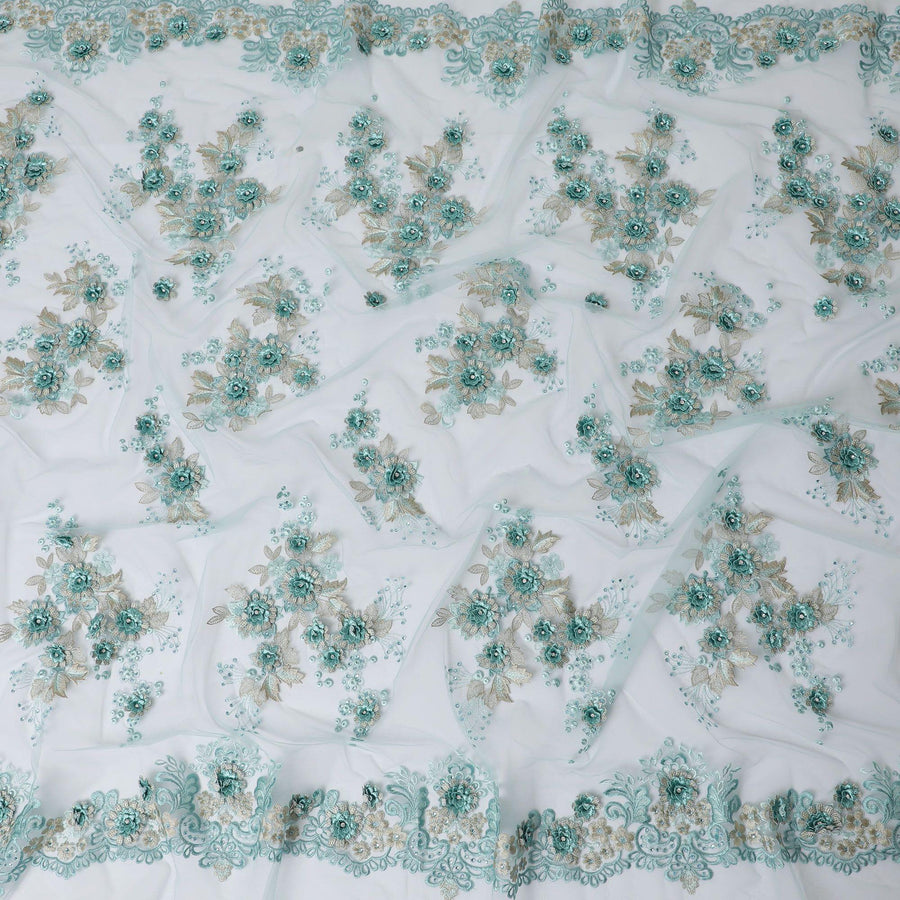Tiffany blue nylon tulle fabric with same tone, gold embroidery having stone work in floral design-D11770