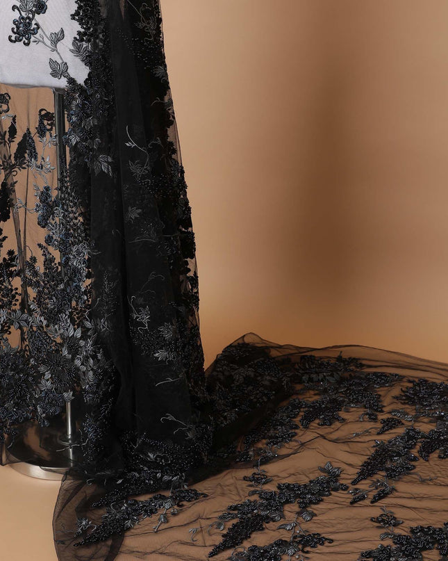 Black Premium wedding nylon tulle fabric with same tone, blue and stone grey embroidery having black pearls and beads in floral design-D7921