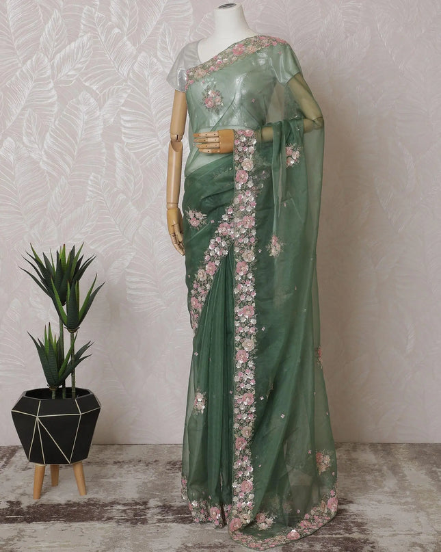 Fern green Premium silk organza saree with multicolor embroidery having gold bead work, applique work and sequin work in floral design-D15592 Regal Fabrics