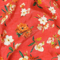 Scarlet red premium pure silk crepe fabric with beige, forest green and mustard yellow print in floral design-D9398 Regal Fabrics