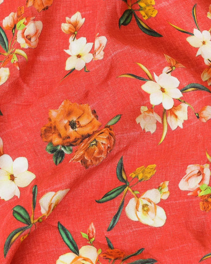 Scarlet red premium pure silk crepe fabric with beige, forest green and mustard yellow print in floral design-D9398 Regal Fabrics