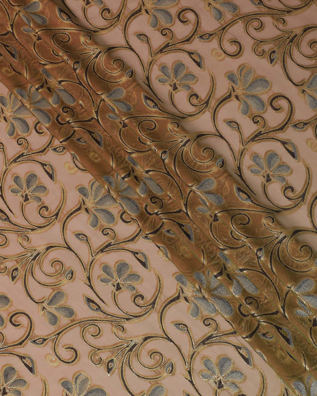 قماش من الشيفون الحريري النقي المتغير باللون البني الفاخر مع الفيسكوز الأسود والأخضر الغامق مع اللوريكس المعدني الذهبي بتصميم الأزهار - D14644