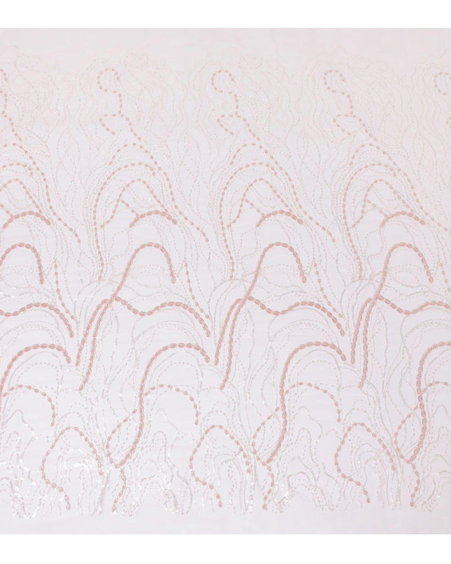 قماش تول نايلون وردي فاتح مع نفس التطريز والترتر والخرز بتصميم فاخر-D13969