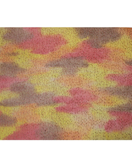 قماش من الشيفون الحريري باللون البرتقالي والأصفر الليموني والوردي الياقوتي مع بريق أحمر قرمزي ولوريكس معدني ذهبي بتصميم فاخر