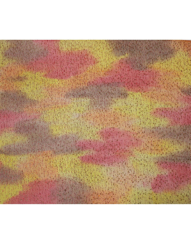 قماش من الشيفون الحريري باللون البرتقالي والأصفر الليموني والوردي الياقوتي مع بريق أحمر قرمزي ولوريكس معدني ذهبي بتصميم فاخر