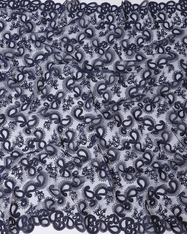 Navy blue nylon tulle fabric with same tone embroidery in paisley design-D11693 Regal Fabrics