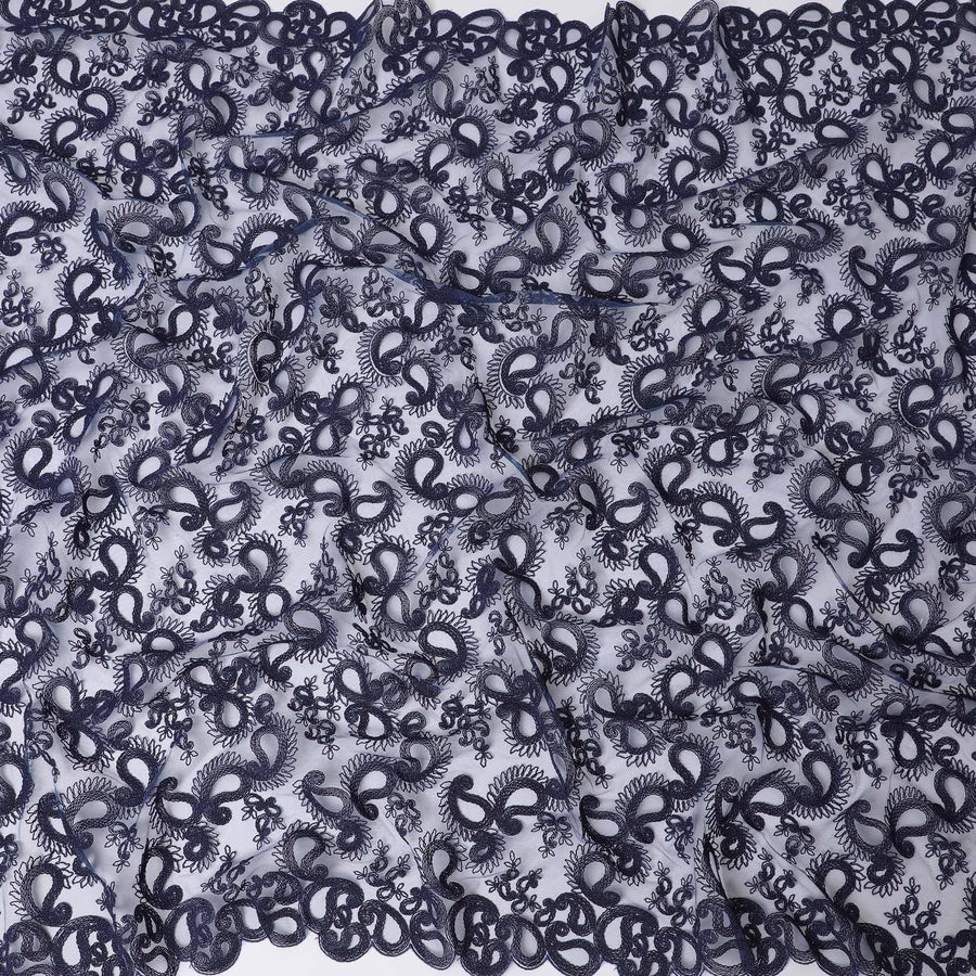 Navy blue nylon tulle fabric with same tone embroidery in paisley design-D11693