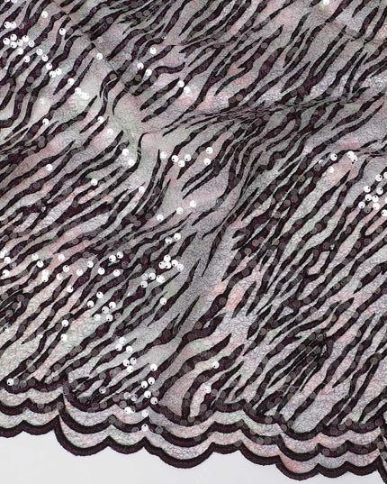 Multicolor nylon tulle fabric with black flock having plain spangles in fancy design-D15398 Regal Fabrics