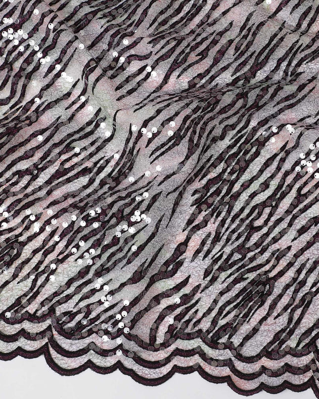 Multicolor nylon tulle fabric with black flock having plain spangles in fancy design-D15398 Regal Fabrics