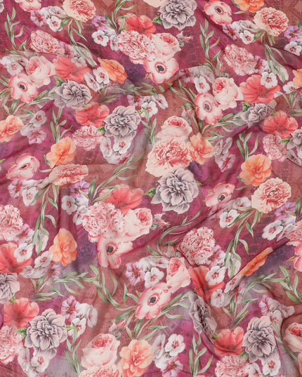 Fire brick red silk chiffon fabric with beige, olive green, royal orange and creamy pink print in floral design-D6271