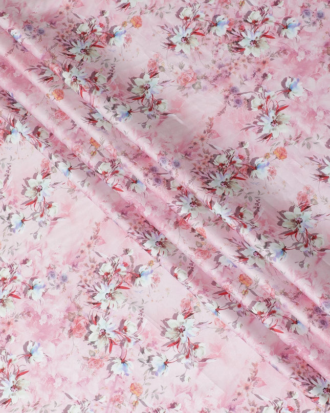 Light pink cotton satin fabric with multicolor print in floral design-D15262