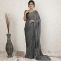 Stone grey Premium pure silk satin saree having white and red stone work in floral design-D13488