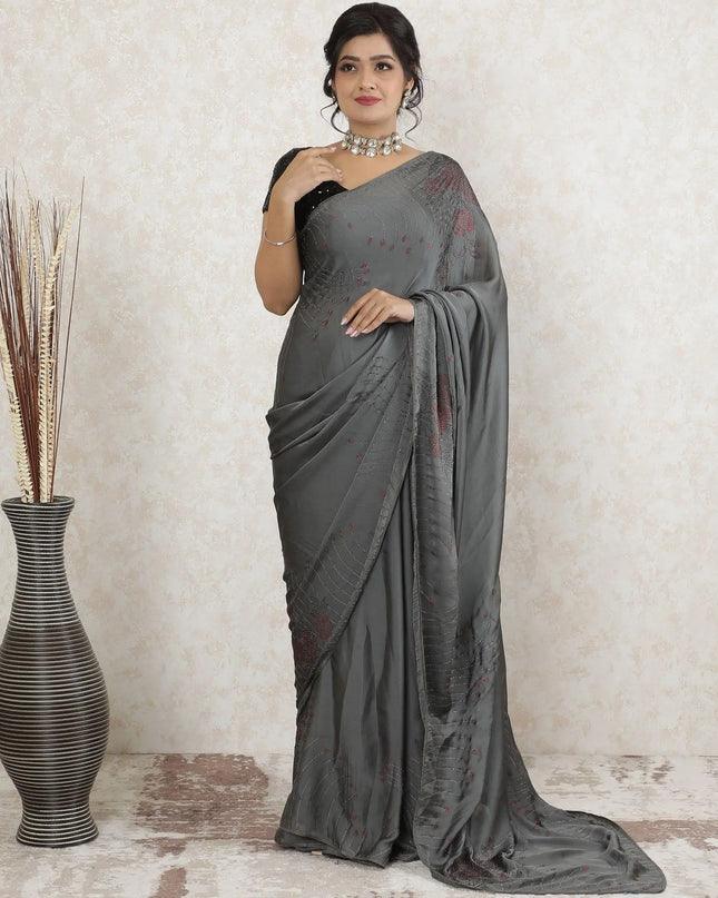 Stone grey Premium pure silk satin saree having white and red stone work in floral design-D13488 Regal Fabrics