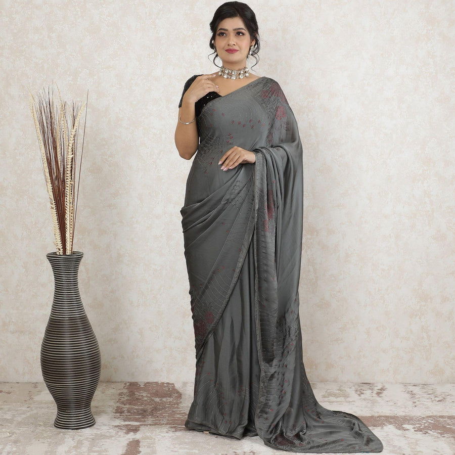 Stone grey Premium pure silk satin saree having white and red stone work in floral design-D13488