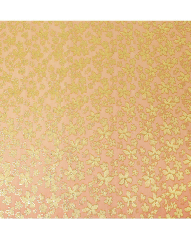 قماش شيفون حريري نقي ممتاز باللون البرتقالي فيسكوز أخضر اللون مع لوركس معدني ذهبي بتصميم زهور-D14647