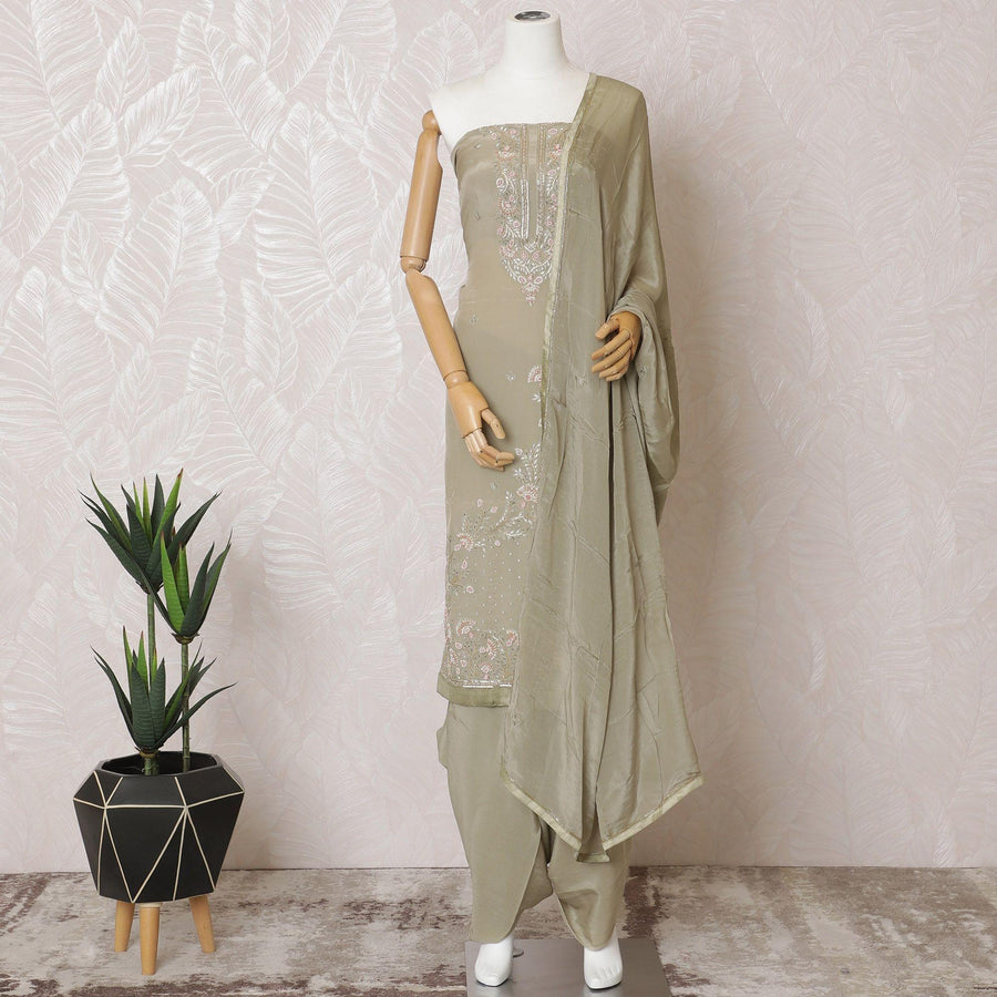 Artichoke green Premium pure silk crepe kameez with same tone embroidery, stone work and bead work in floral design. Artichoke green Plain salwar with same tone chiffon dupatta having same tone embroidery and stone work-D15570