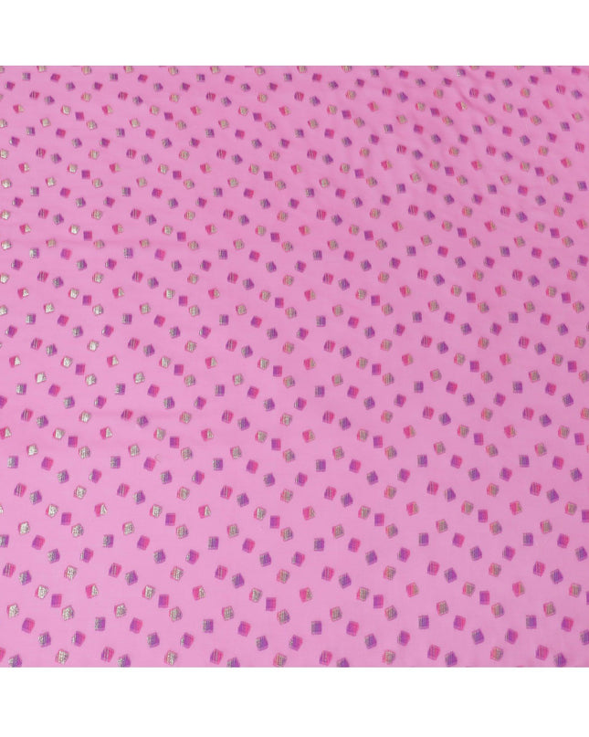 Hot pink premium pure French (Fransawi) silk chiffon fabric with same tone, purple viscose having gold and silver metallic lurex in abstract design-D14230