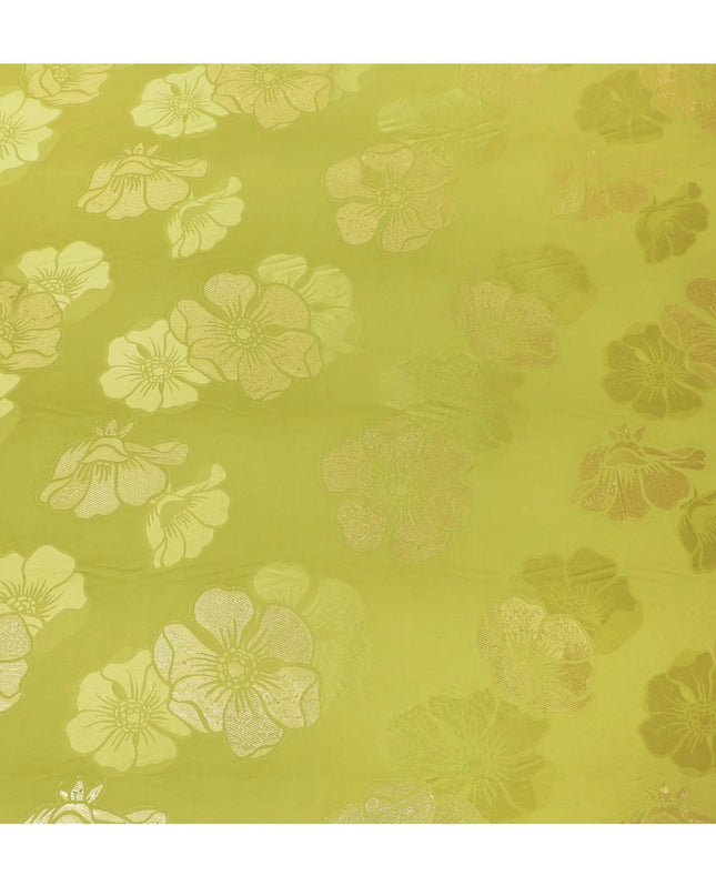 Olive green premium pure silk crepe fabric with gold metallic lurex in floral design-D13708 Regal Fabrics