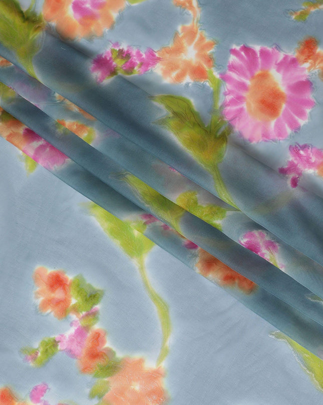 شيفون من الحرير الخالص مطبوع يدويًا بلون رمادي فلينت مع لوريكس معدني ذهبي ومطبوعات متعددة الألوان بتصميم الأزهار-D11390