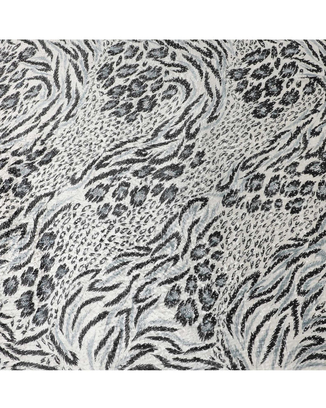 Daisy white Rayon velvet fabric with black, pewter grey print having metallic silver studs in abstract design Regal Fabrics
