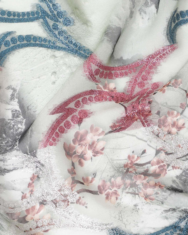 Light Laurel green synthetic chiffon fabric with multicolor print having cerise pink, silver and blue metallic lurex in abstract design-D9673