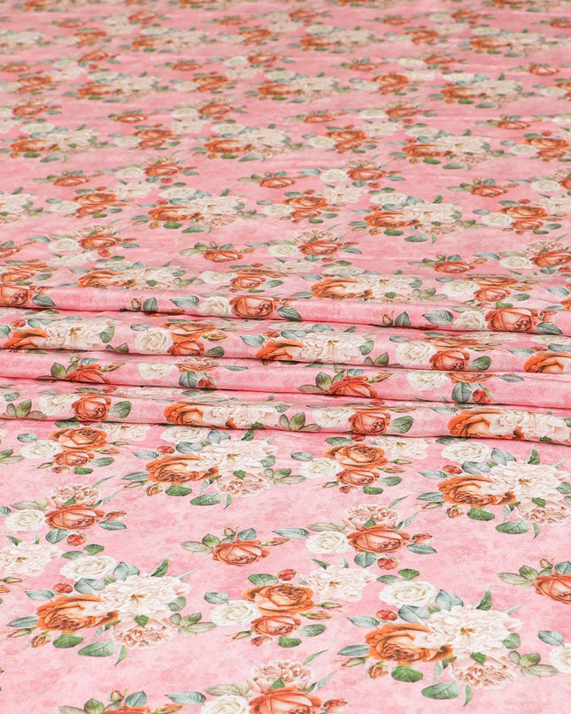 Baby pink premium pure silk crepe fabric with multicolor print in floral design-D9402