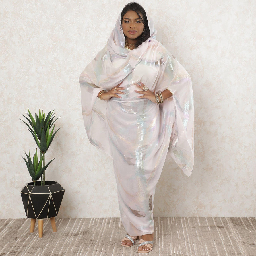 Light pink Premium pure silk chiffon thobe with same tone metallic lurex in fancy design-D11655