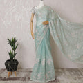Light turquoise green Premium silk satin organza saree with sage green, beige, rose pink embroidery having gold bead work and sequin work in floral design-D15596