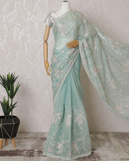 Light turquoise green Premium silk satin organza saree with sage green, beige, rose pink embroidery having gold bead work and sequin work in floral design-D15596