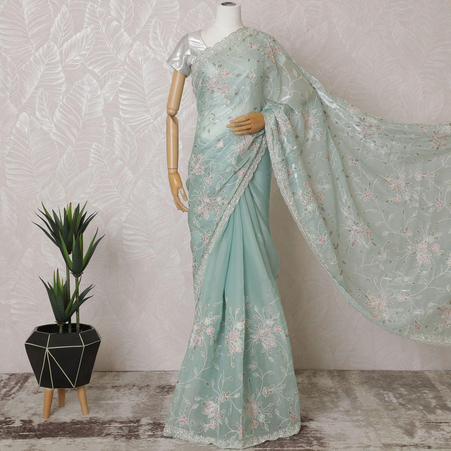 Light turquoise green Premium silk satin organza saree with sage green, beige, rose pink embroidery having gold bead work and sequin work in floral design-D15596