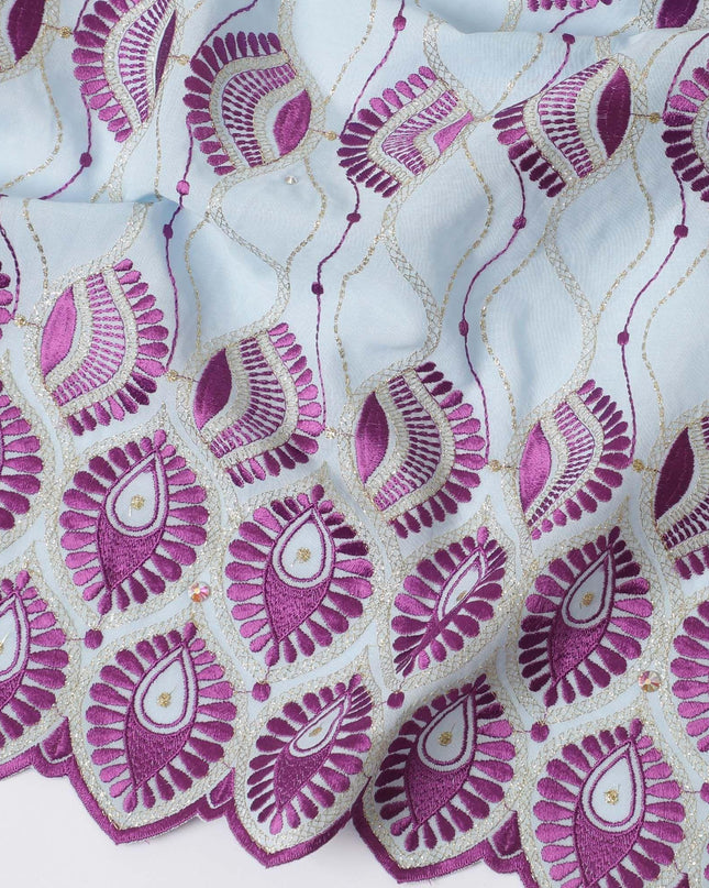 Powder blue Premium pure 100% Swiss cotton voile (Sudanese Thobe) fabric with purple, gold embroidery having stone work in floral design-D13565 Regal Fabrics