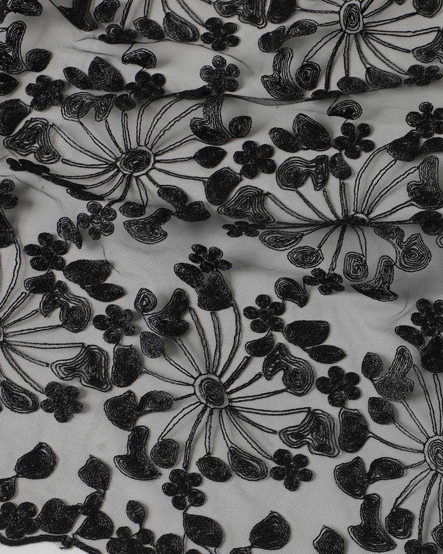 Black nylon tulle fabric with same tone, metallic black embroidery in fancy design-D6050