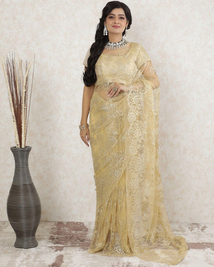 Gold Premium pure metallic French chantilly saree lace having stone work in floral design-D13515 Regal Fabrics