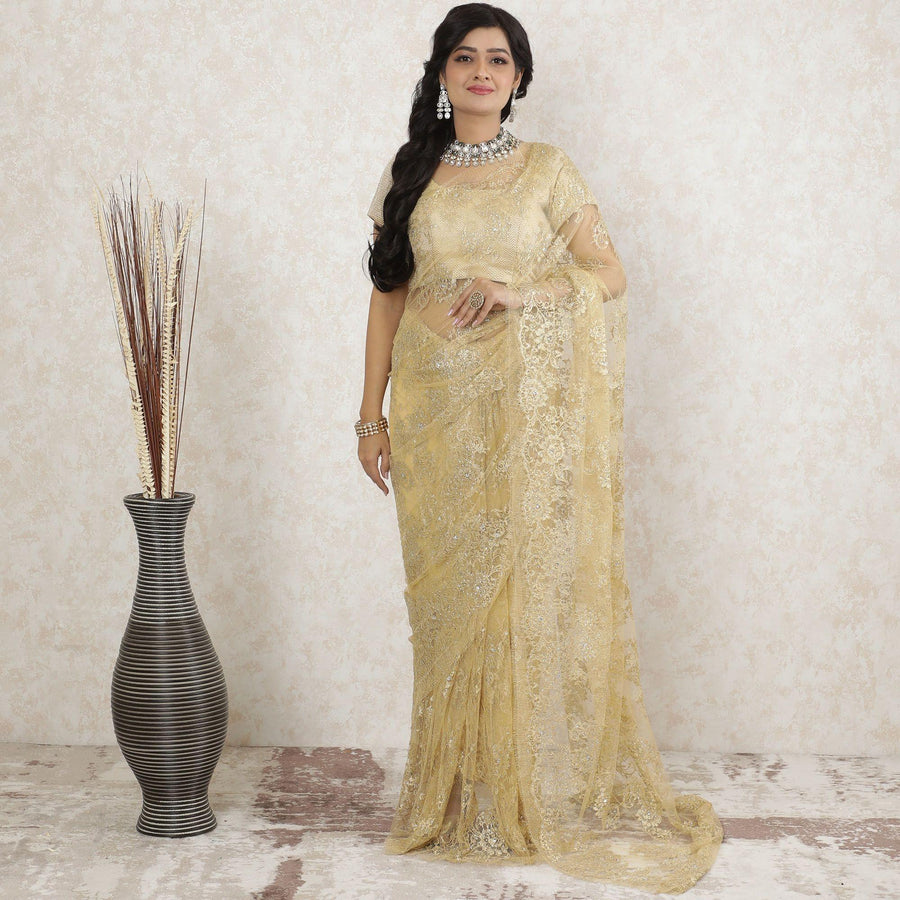 Gold Premium pure metallic French chantilly saree lace having stone work in floral design-D13515 Regal Fabrics