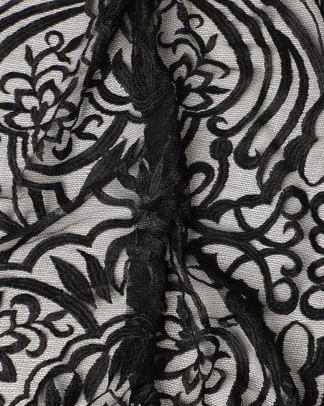 Black lace fabric with same tone embroidery in fancy design-D5977