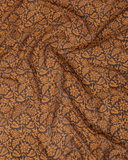 قماش شيفون حريري بني موكا مع طباعة الخردل بتصميم الأزهار-D12921