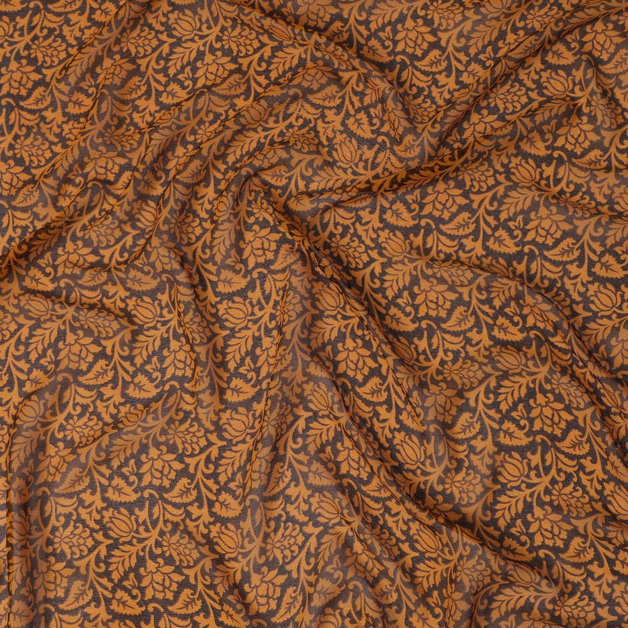 Mocha brown silk chiffon fabric with mustard print in floral design-D12921