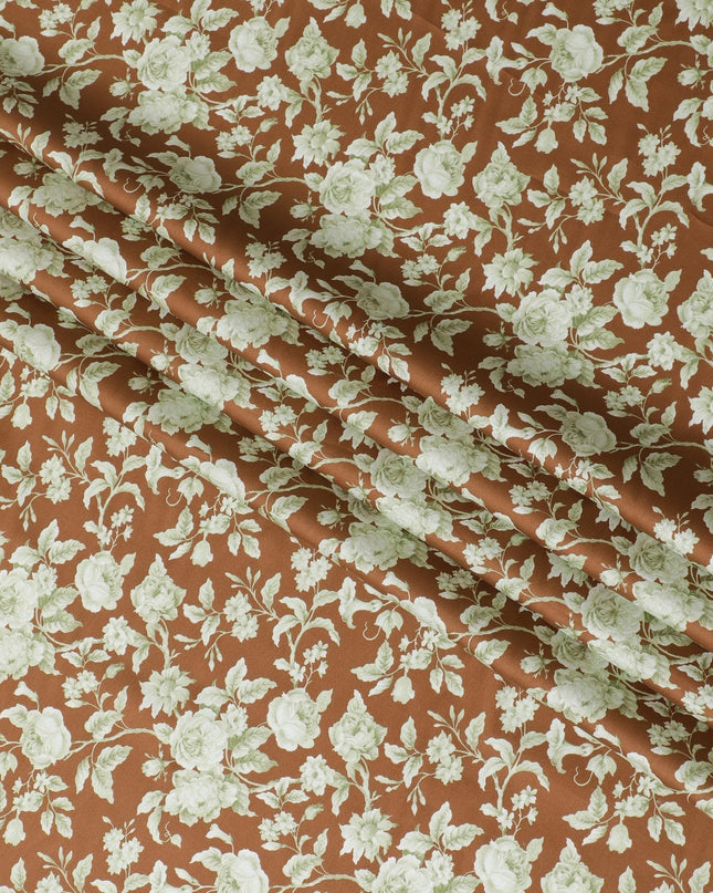 Medium pearwood brown printed cotton satin with green prints in floral design-D11266