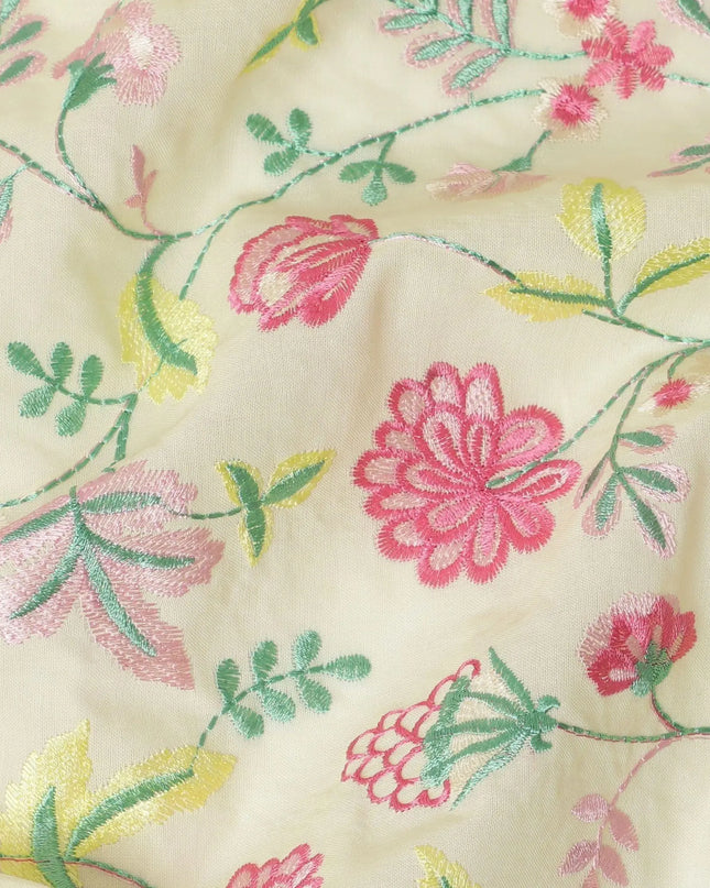 Flax yellow premium pure cotton voile fabric with same tone, baby pink and Paris green embroidery in floral design-D13637 Regal Fabrics