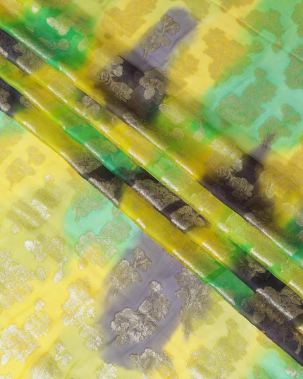 قماش شيفون حريري فرنسي (فرنساوي) فاخر متعدد الألوان مع لوركس معدني ذهبي بتصميم زهور-D14009