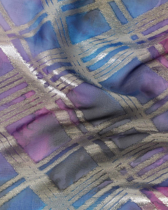 قماش شيفون من الحرير الخالص متعدد الألوان مع لوريكس معدني ذهبي بتصميم مربعات -D11411