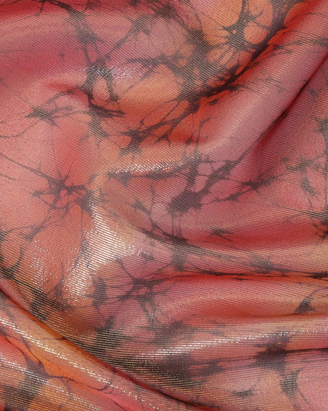 شيفون من الحرير الخالص باللون الأحمر القرمزي مع اللوريكس المعدني الذهبي والمطبوعات البنية بتصميم تجريدي-D11393
